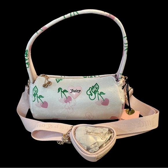 Juicy Couture Handbags - Juicy Couture Retro Cherry Velour Barrel Bag + Heart Coin Purse NWT
